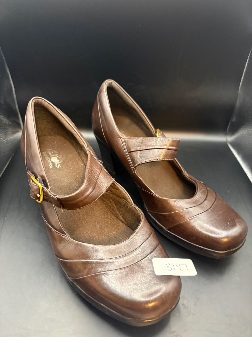 Clarks Brown/Dark Brown Leather Mary Jane Wedge Heels - Size 9W
